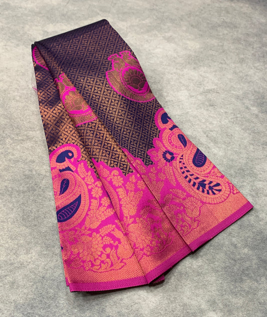 Blue Colour Art Silk Saree with Pink Border