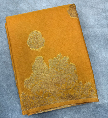 Kora Silk Saree Mustard Colour with Flower and Birds Design Border