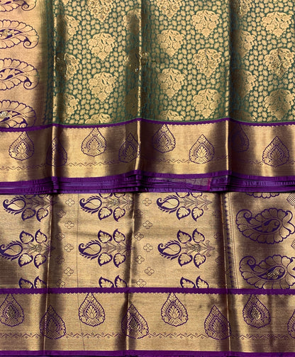 Vegan Silk Saree Olive Green Colour with Copper and Magenta Border