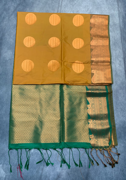 Soft Vegan Silk Saree Mustard Colour with Green and Copper Border
