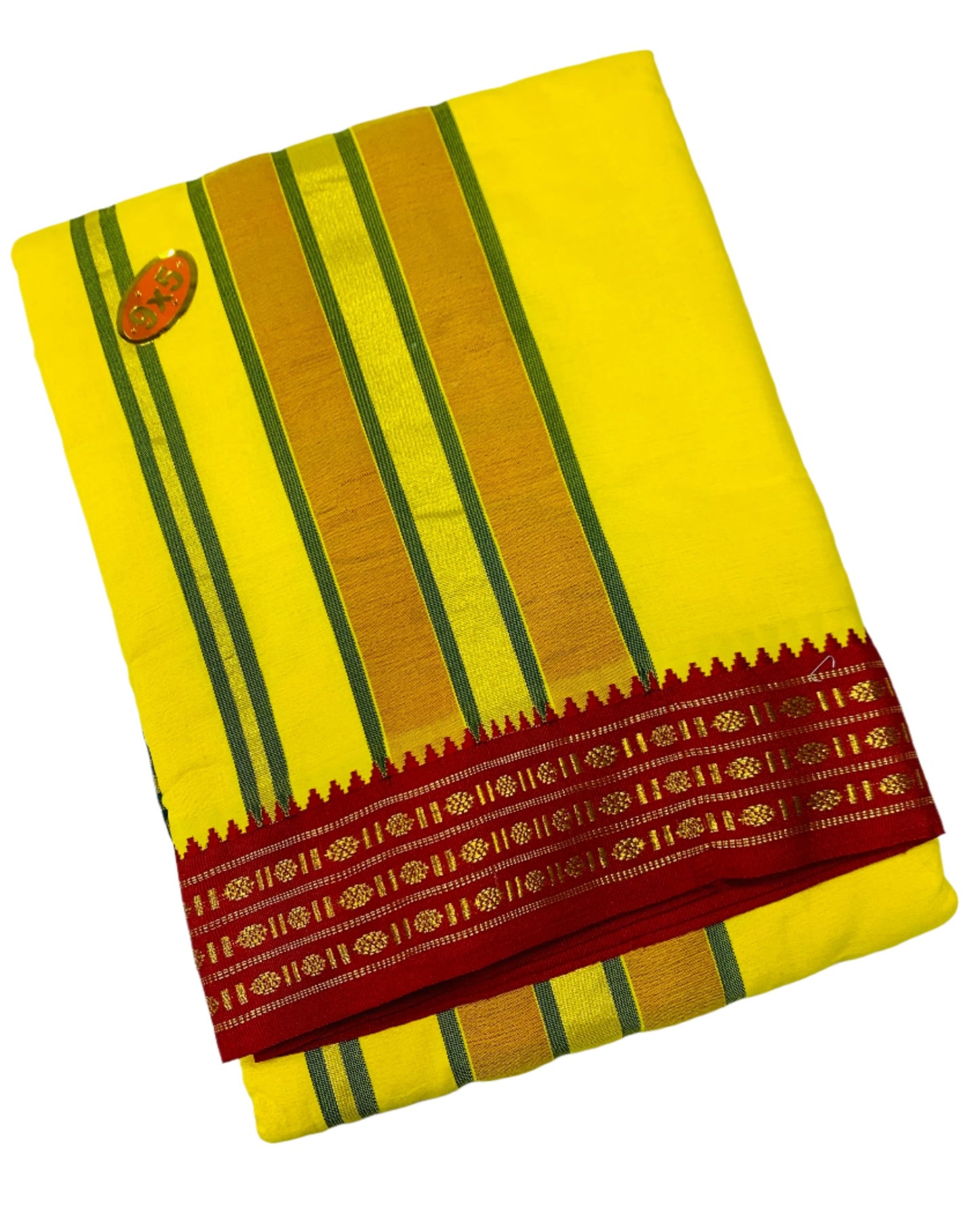 9X5 Cotton Dhoti Yellow Colour with Red and Green Border