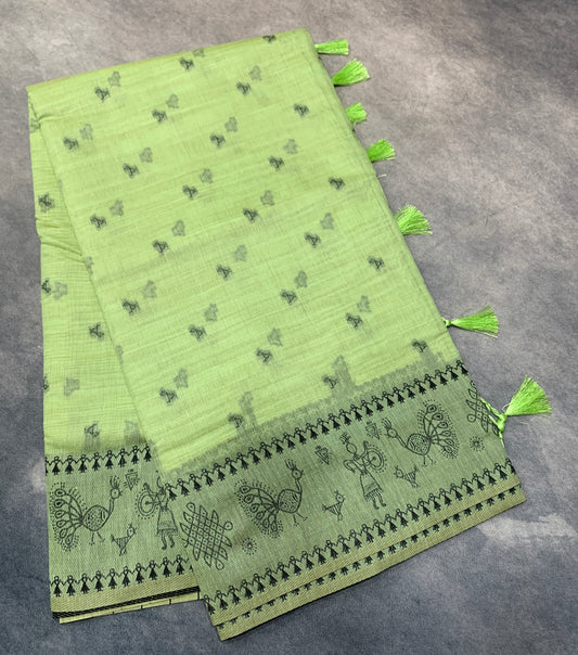 Banaras Katan Saree Pista Green Colour with Katan Work Border