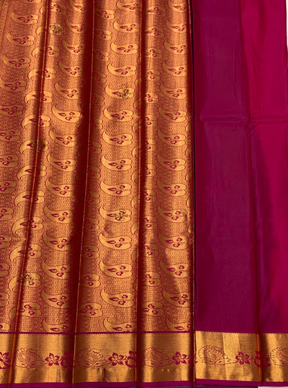 Vegan Silk Saree Green Colour with Copper and Pink Border