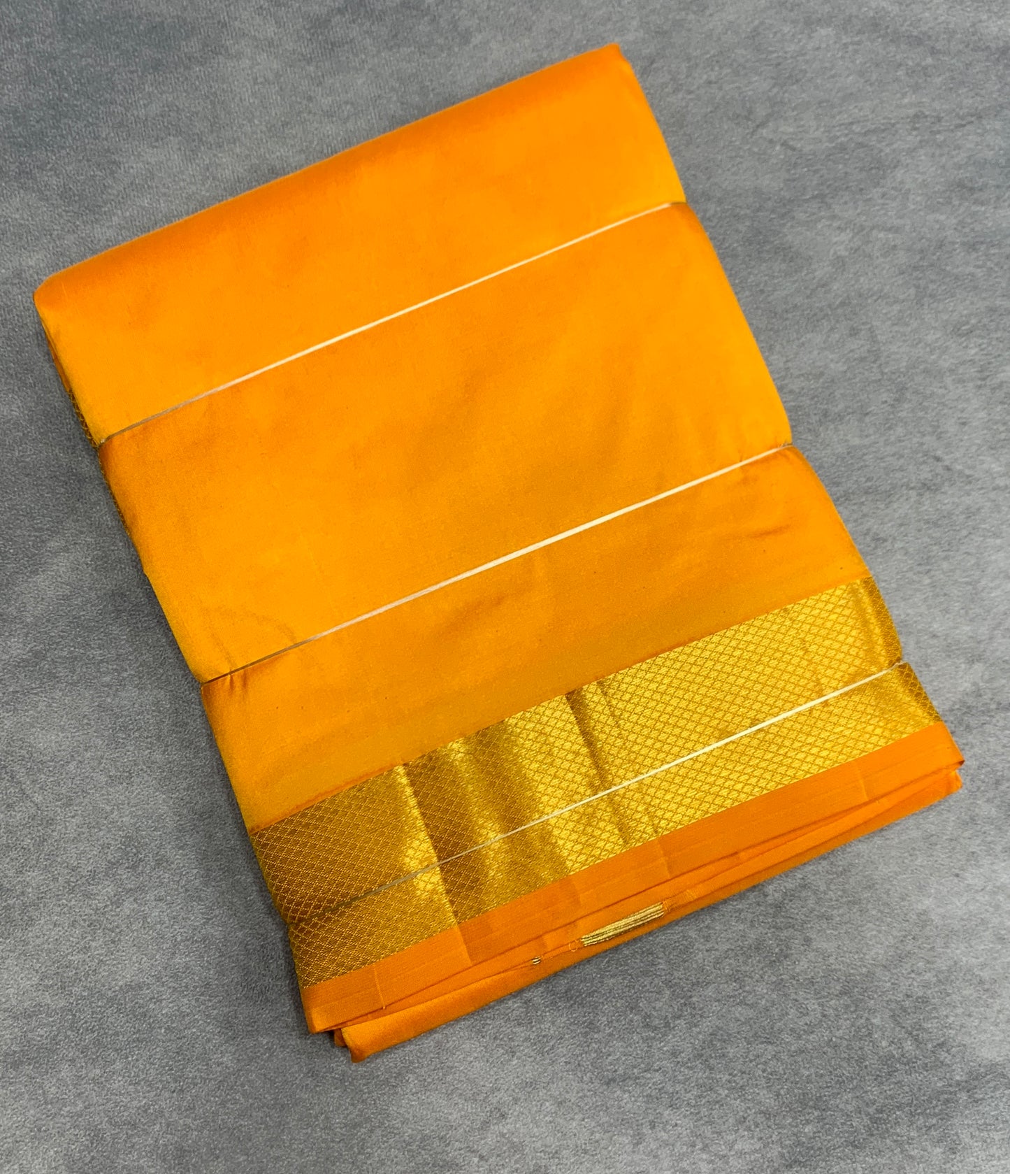 9X5 Pure Silk Dhoti Mango Yellow with Large Golden Zari Border
