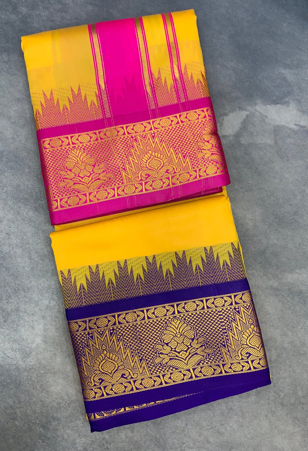 Art Silk Dhothi 9X5 Yellow Colour with Pink and Blue Colour Ganga Jamuna Border