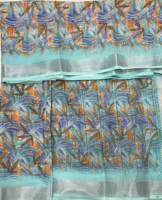 Jute Cotton Saree Sky Blue Shade with Thread Border