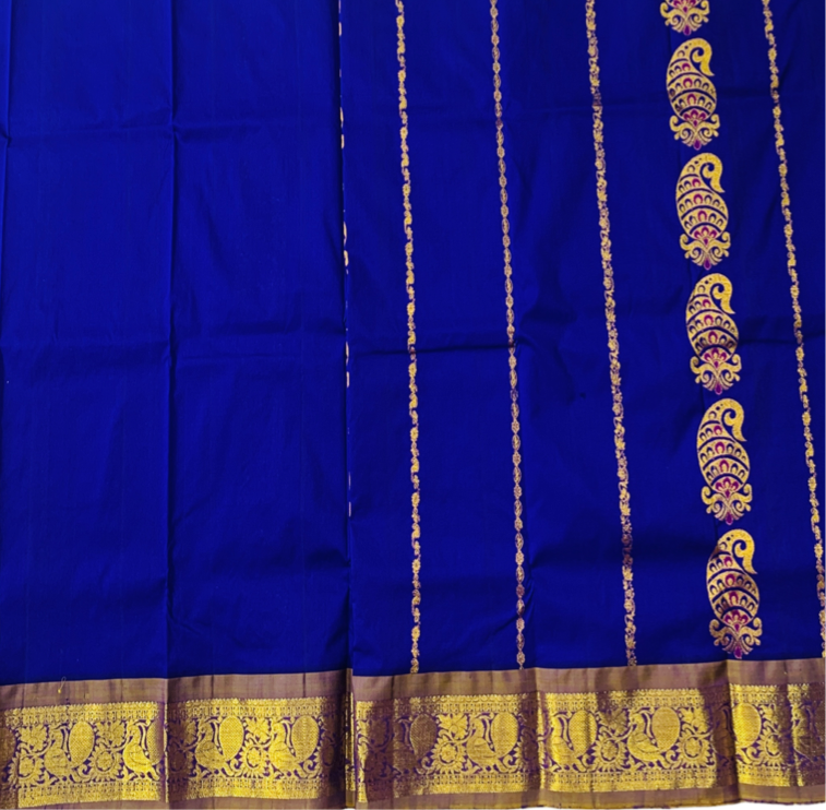 Blue shade Semi silk Kids Pattu Pavadai with contrast border for age 2 to 5