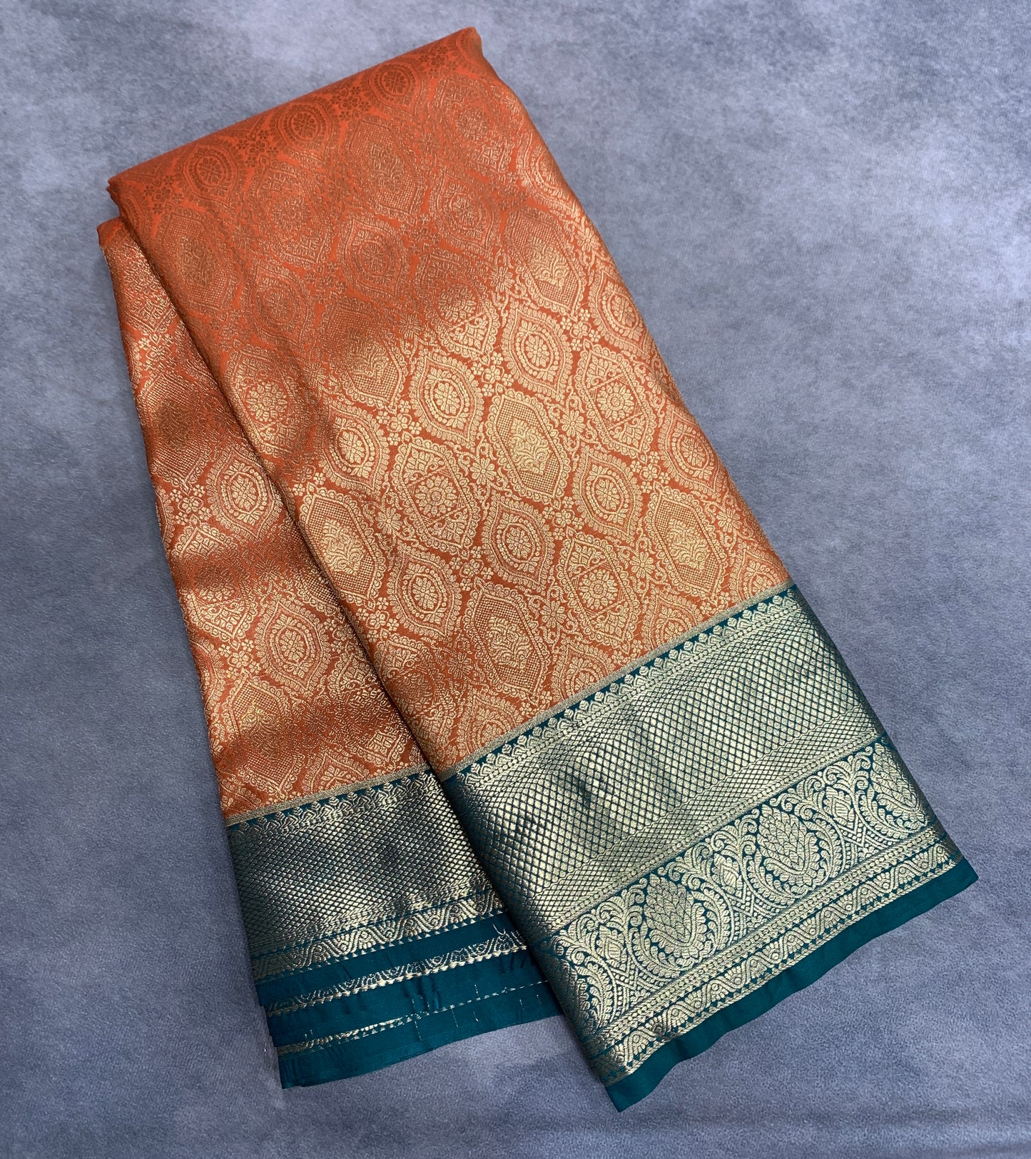Fancy Tissue Saree Orange Colour with Rama Green Colour Border