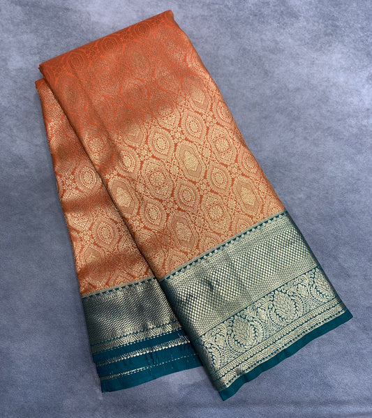 Fancy Tissue Saree Orange Colour with Rama Green Colour Border