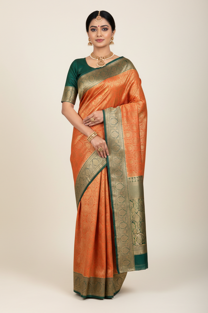 Fancy Tissue Saree Orange Colour with Rama Green Colour Border