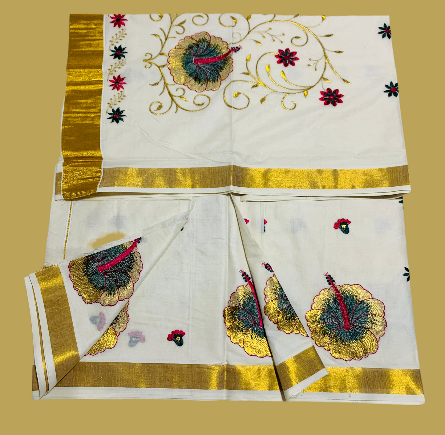 Kerala Cotton Saree Cream Colour with Floral Work Design