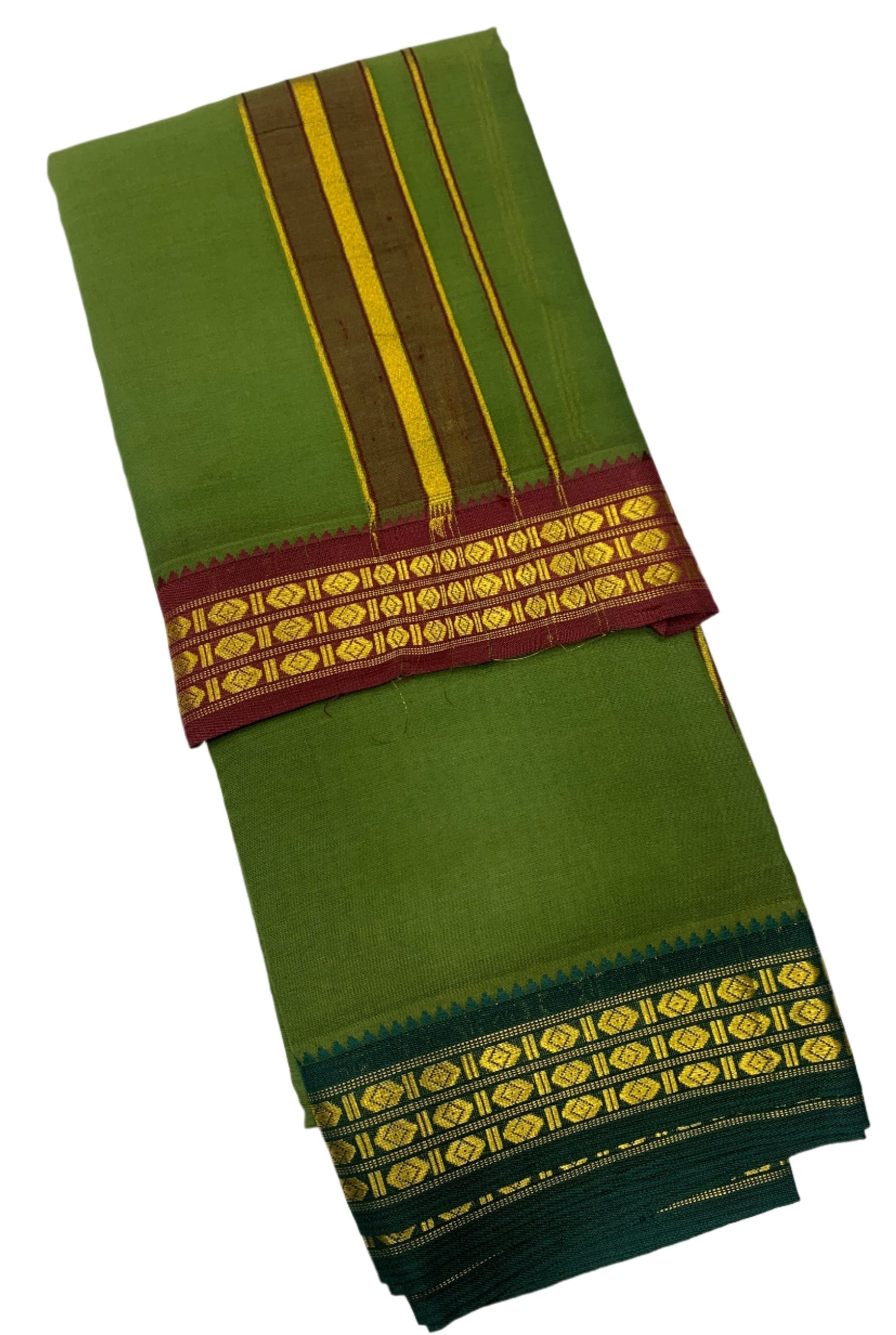 9X5 Cotton Dhoti Olive Green Colour with Maroon and Green Border