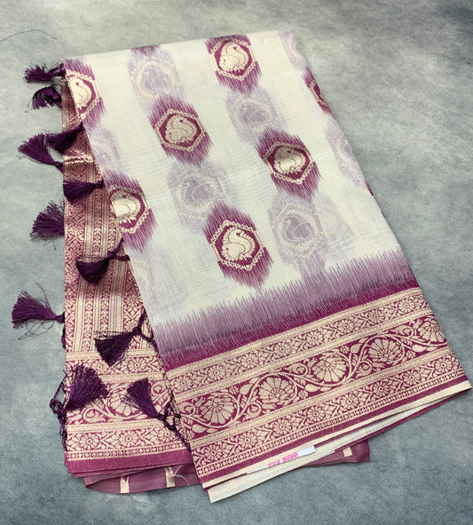 Banaras Katan Saree Off White Colour with Beetroot Pink Katan Work Border