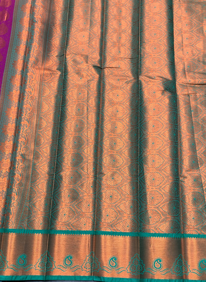 Vegan Silk Saree Magenta Colour with Green and Copper Border