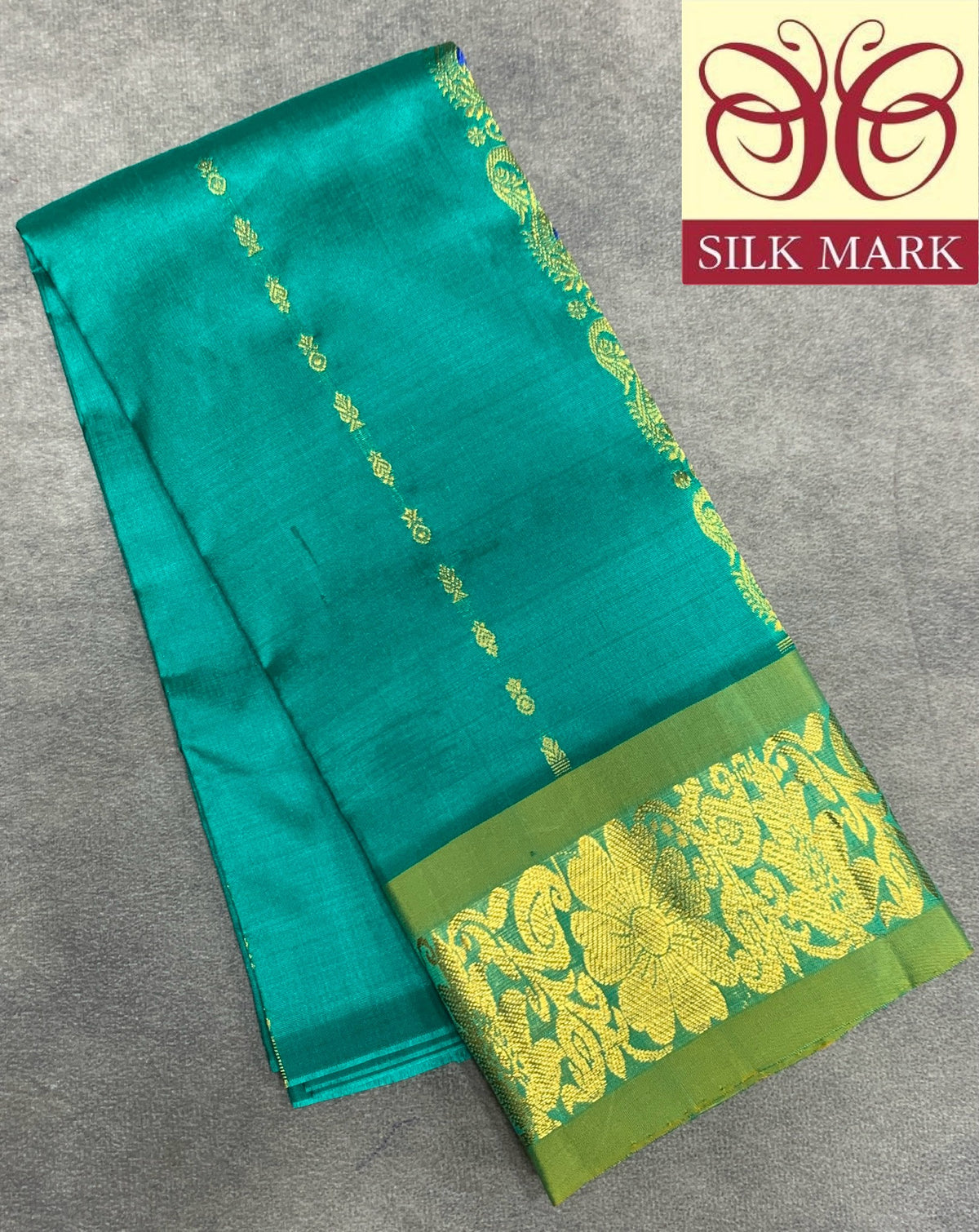 Peacock Green Shade Pure Kanchipuram Kids Pattu Pavadai with Contrast Border for Newborn to 2 Years