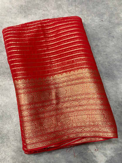 Georgette Saree Red Colour with Sliver Floral Design Border