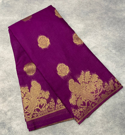 Kora Silk Saree Magenta Colour with Flower Design Border