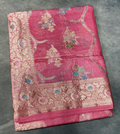 Pure Tussar Silk Saree Rose Pink Colour With Heavy Traditional Floral Zari Border