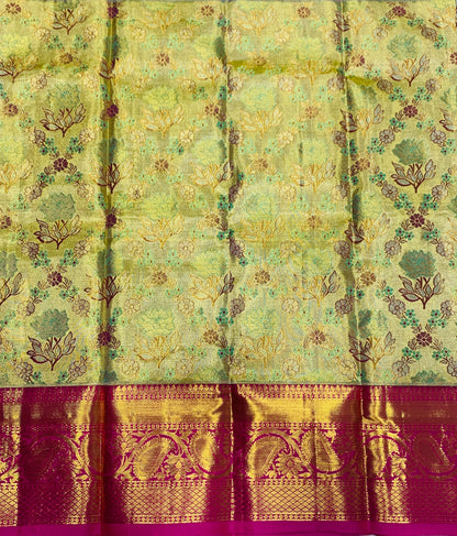 Lemon Yellow shade Pure Kanchipuram Kids Pattu Pavadai with Contrast border for age 2 to 5