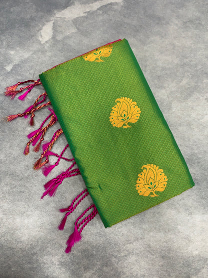 Soft Vegan Silk Saree Light Green Colour with Pink and Copper Border