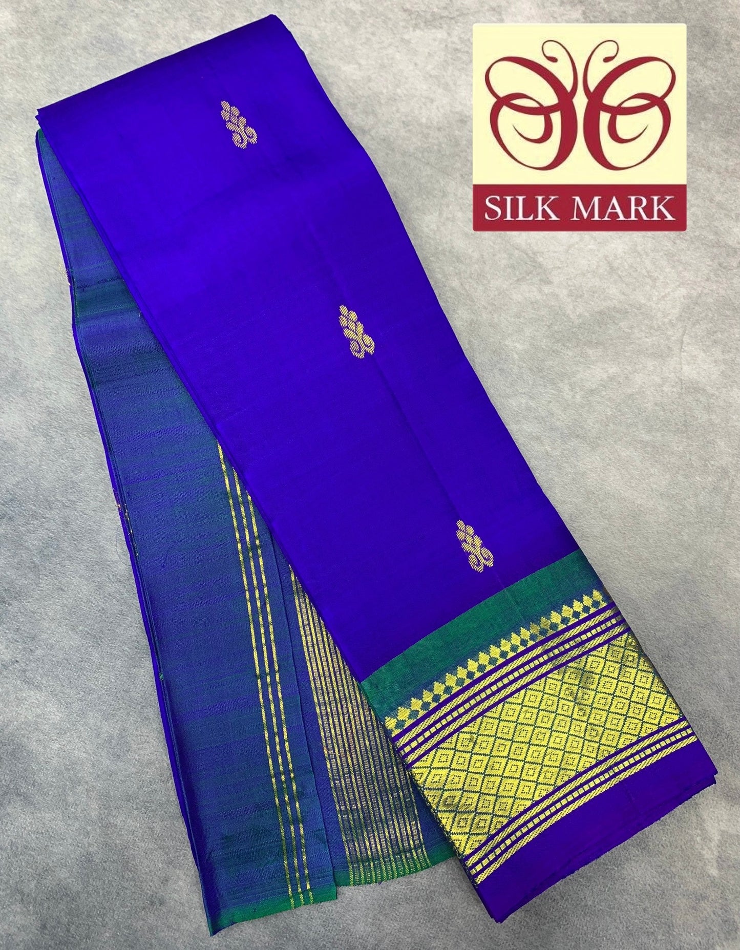 Pure Kanchipuram Silk Saree Blue Colour with Green and Gold Zari Border