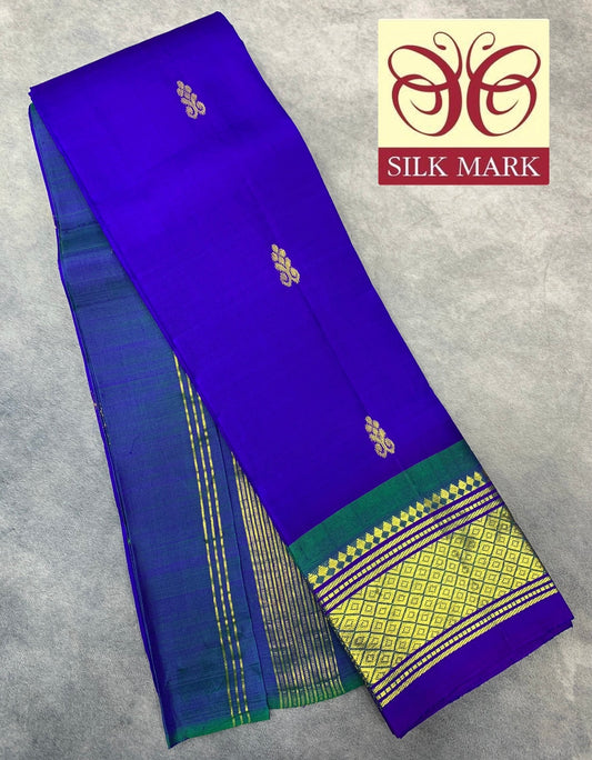 Pure Kanchipuram Silk Saree Blue Colour with Green and Gold Zari Border