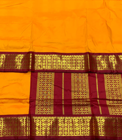 9 yards Pure Kanchipuram Silk Saree Mango Yellow Colour with Maroon and Golden Zari Border