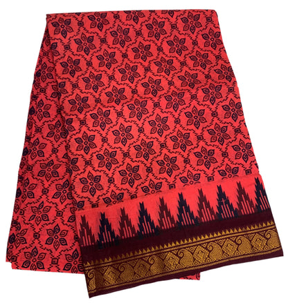 Chettinad Sungudi Cotton Tomato Red Colour with Brown Border