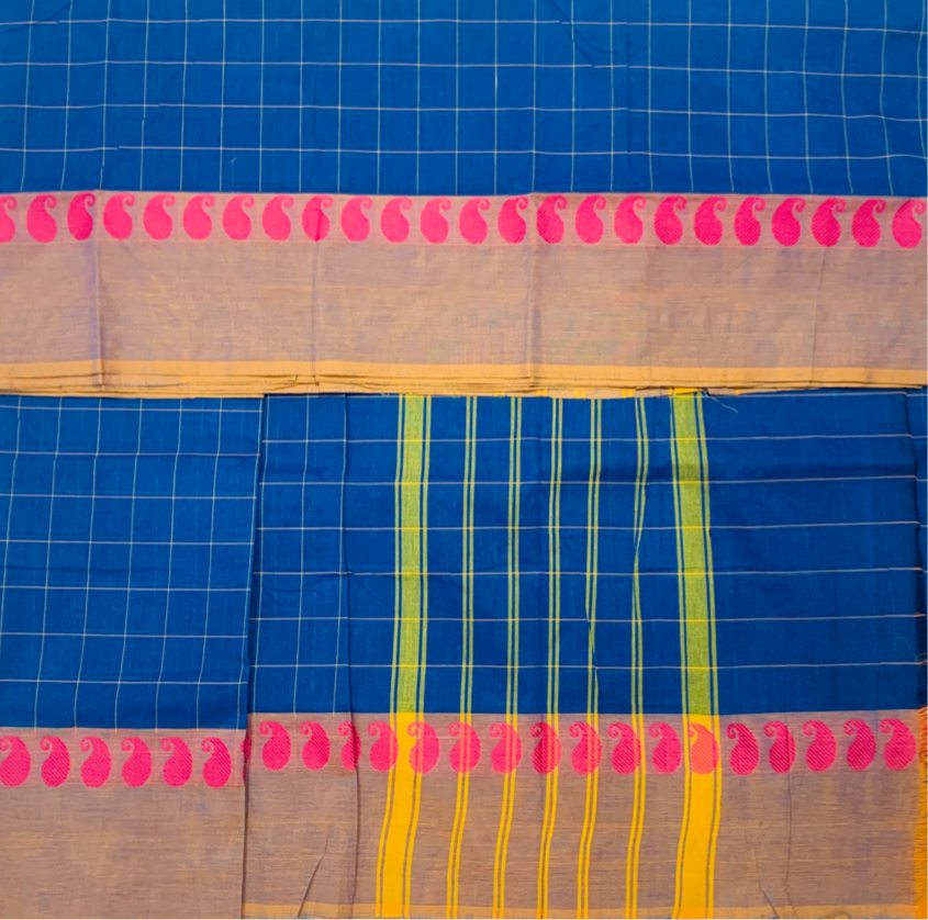 9 Yards Cotton Saree Blue Colour with Golden Yellow Border