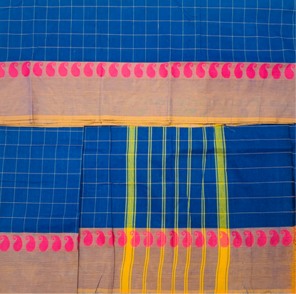 9 Yards Cotton Saree Blue Colour with Golden Yellow Border