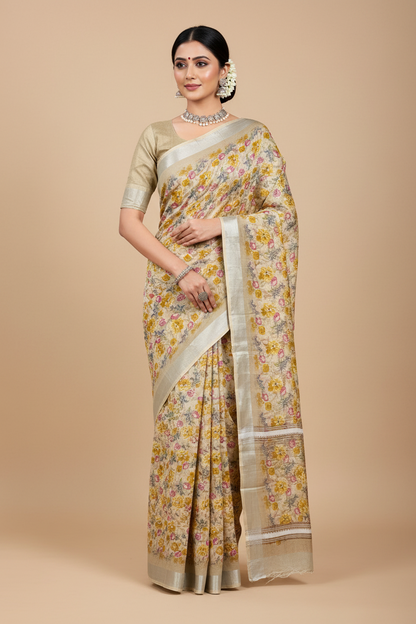 Jute Cotton Saree Brown Shade with Thread Border