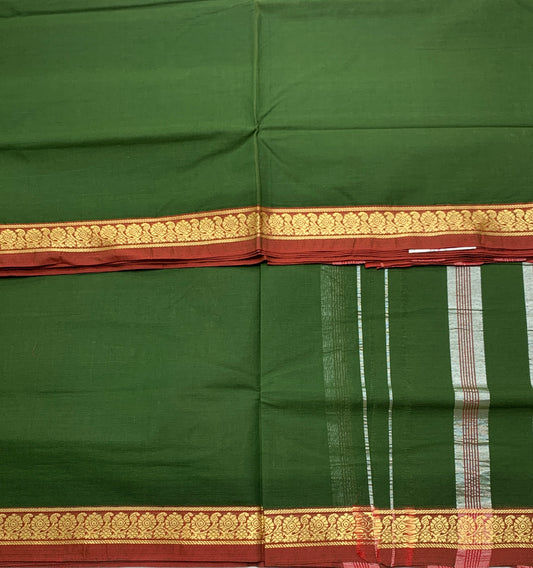 Chettinad Cotton Saree Green Colour with Brown Border