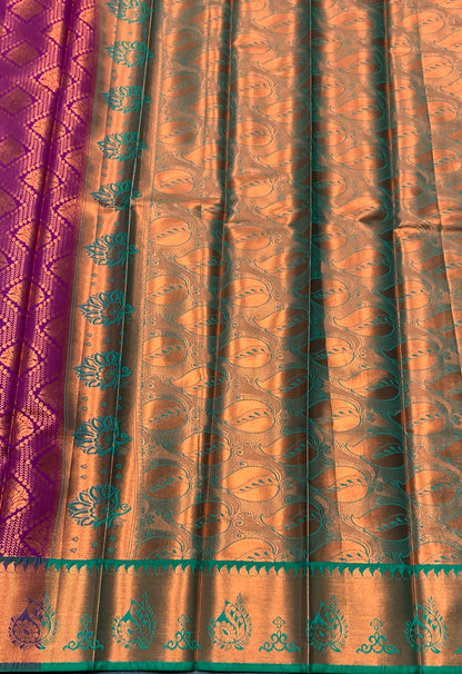 Vegan Silk Saree Magenta Colour with Green and Copper Border