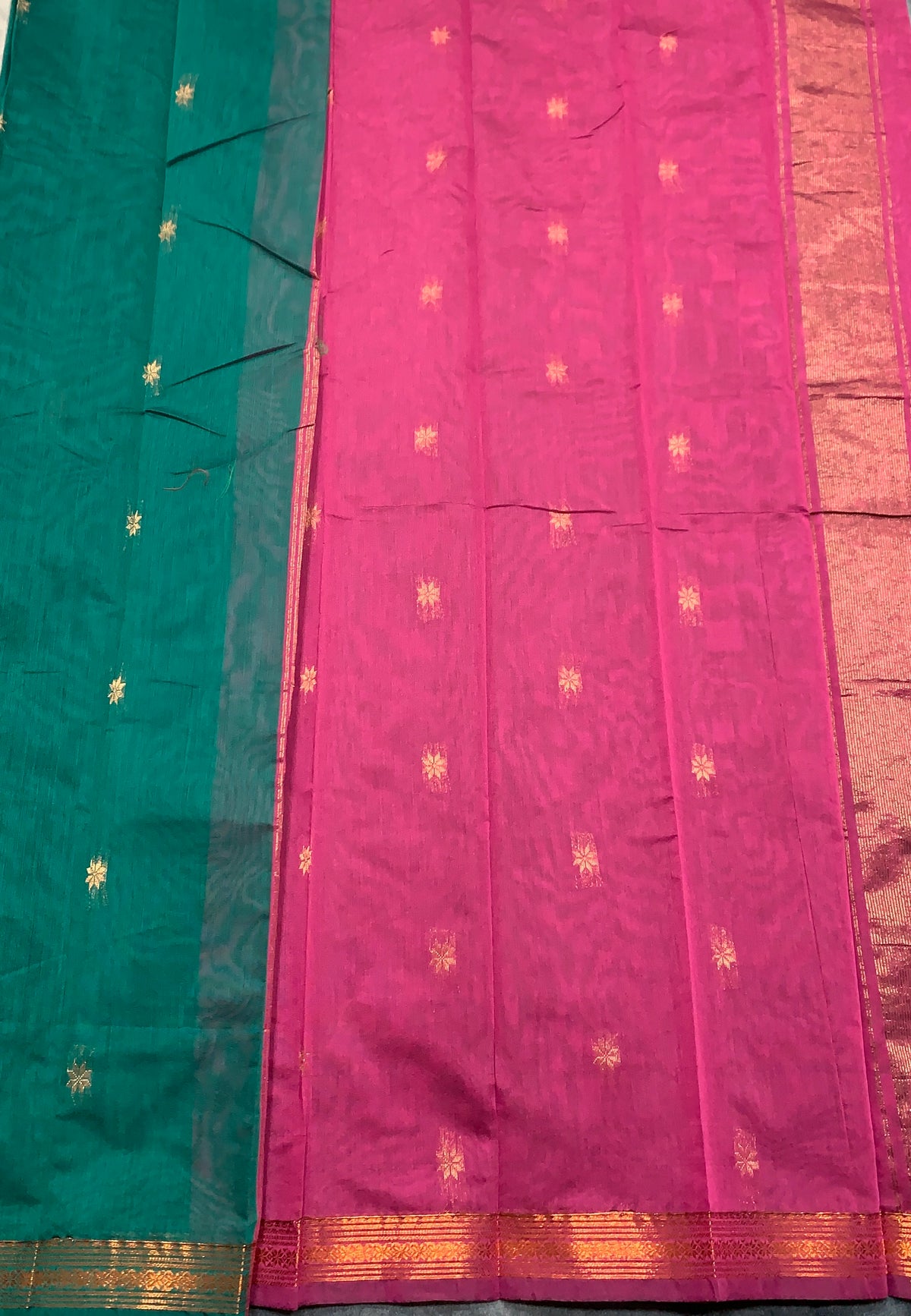 Rama Green Colour Silk Cotton Saree with Copper Zari Border