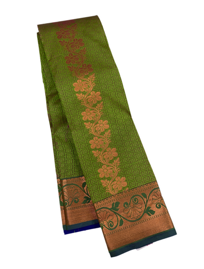 Vegan Silk Saree Olive Green Colour with Copper and Blue Border