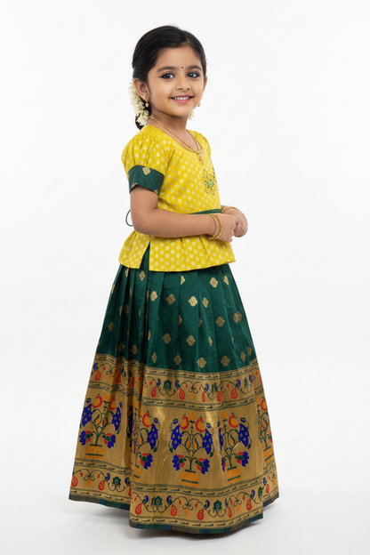 Ready To Wear Green Pavadai with Contrast Yellow Blouse
