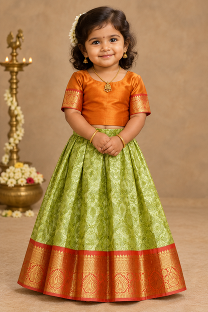Pastel Green Shade Pure Kanchipuram Kids Pattu Pavadai with Contrast Border for Newborn to 2 Years