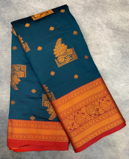 Soft Silk Casual Saree Dark Blue Colour with Maroon and Golden Colour Border