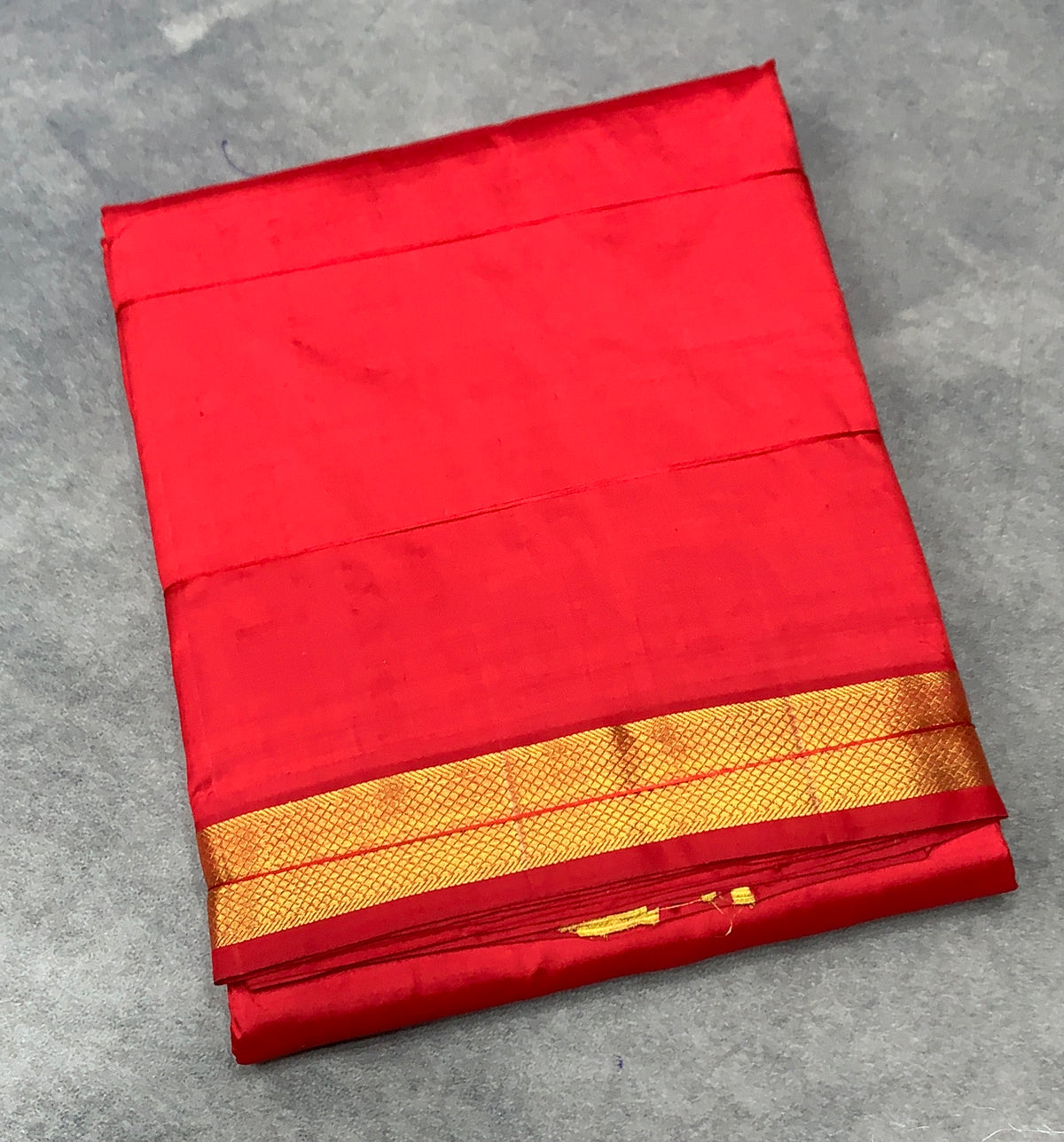 9X5 Pure Silk Dhoti Red Colour with Medium Golden Zari Border