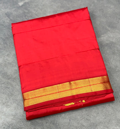 9X5 Pure Silk Dhoti Red Colour with Medium Golden Zari Border