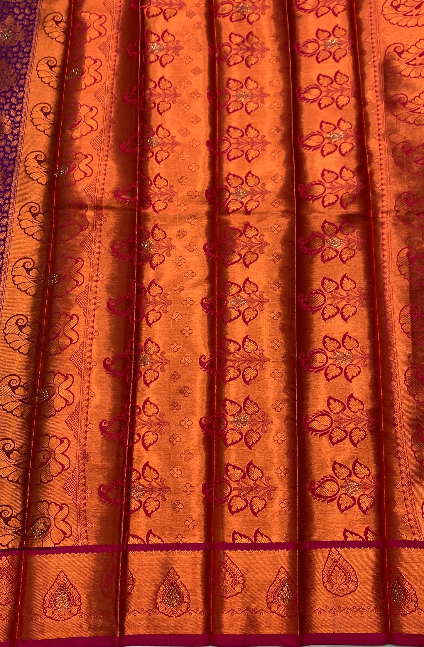 Vegan Silk Saree Magenta Colour with Copper and Purple Border