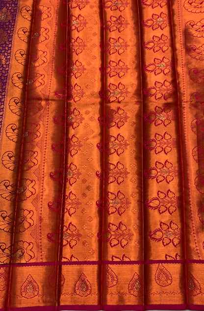 Vegan Silk Saree Magenta Colour with Copper and Purple Border