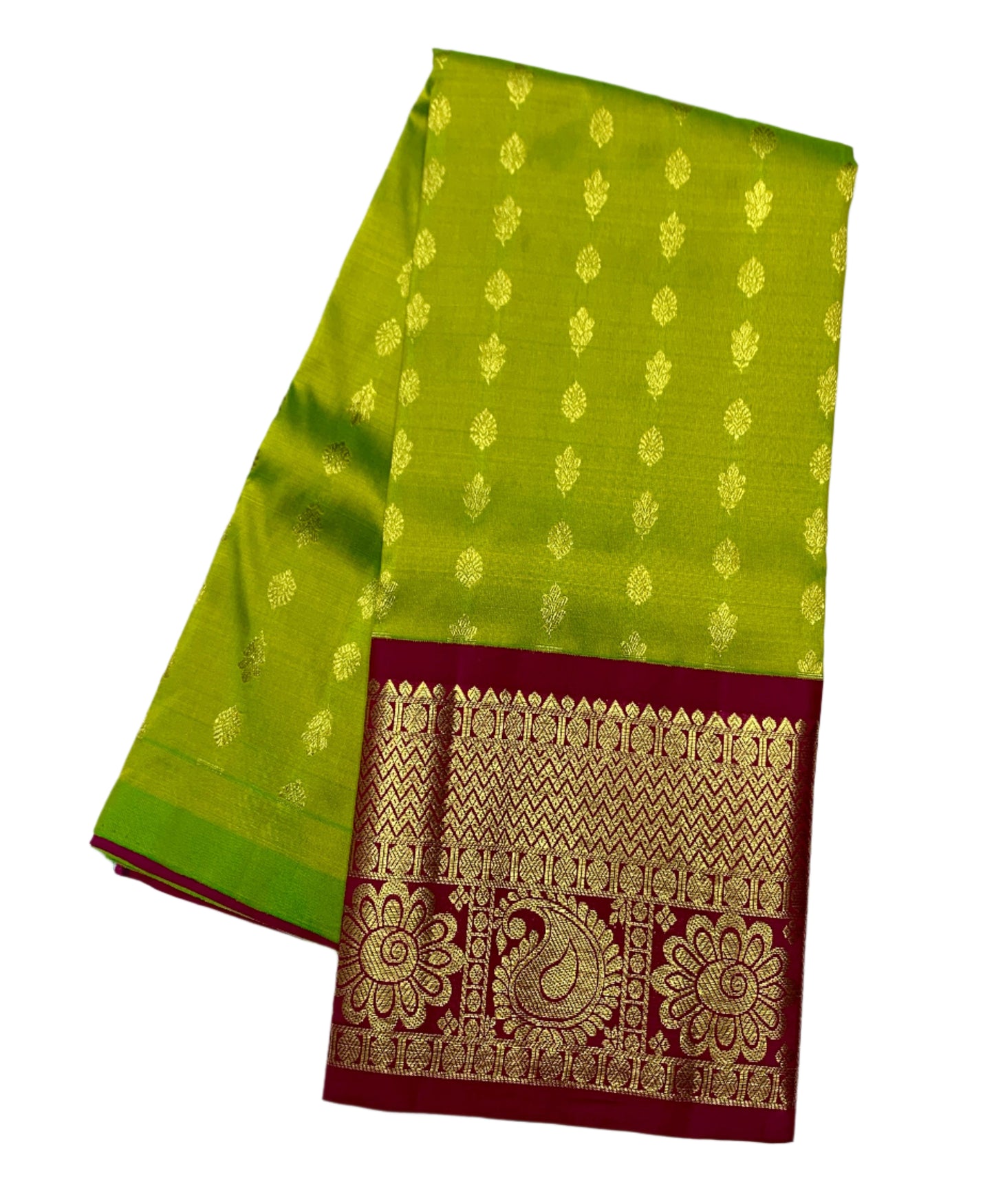 Parrot Green Colour Pure Kanchipuram Kids Pattu Pavadai with Contrast border for age 2 to 5