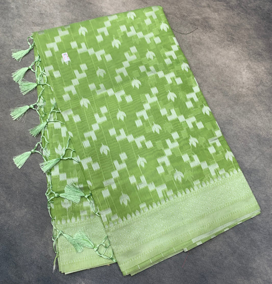Banaras Katan Saree Apple Green Colour with Katan Work Border