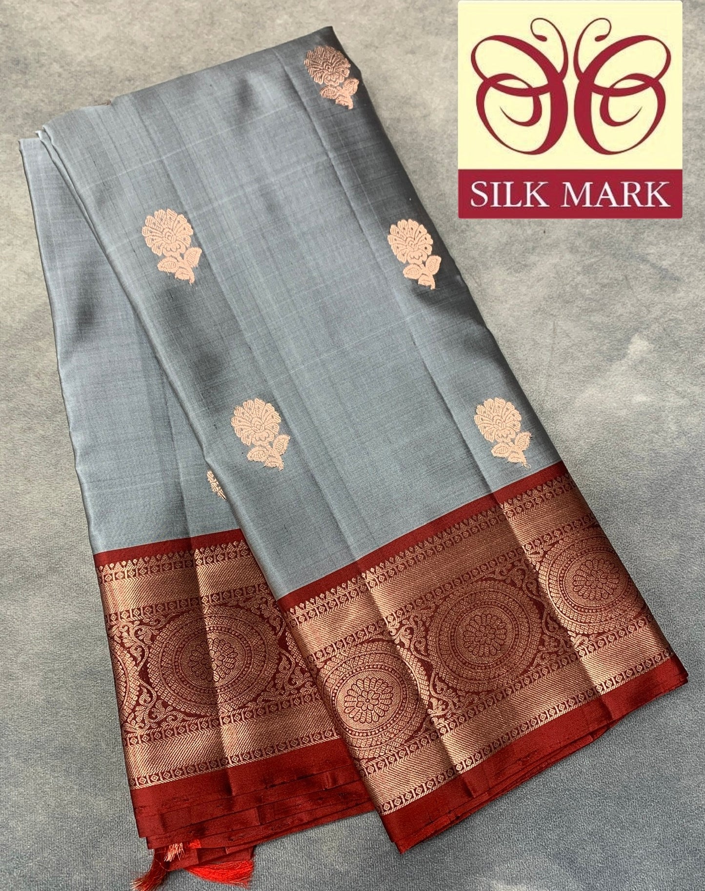 Pure Kanchipuram Silk Saree Gray Colour with Maroon Border