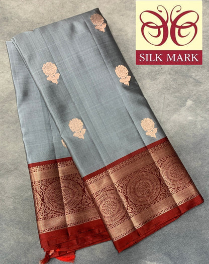 Pure Kanchipuram Silk Saree Gray Colour with Maroon Border