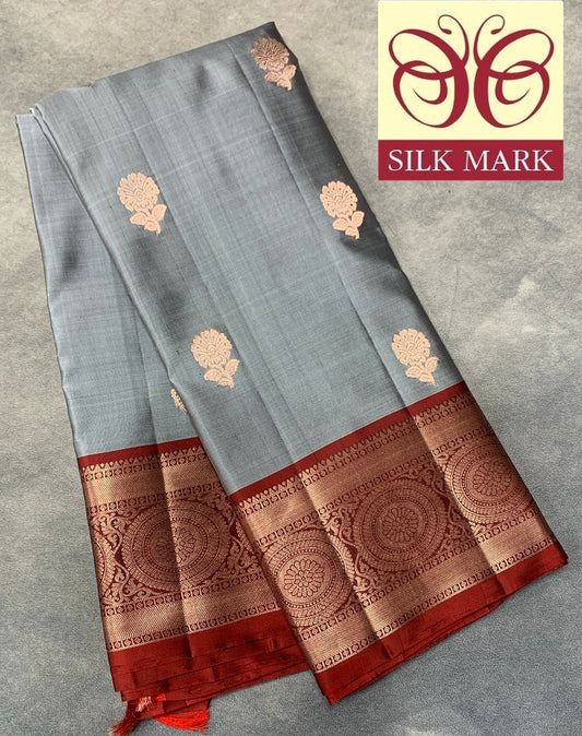 Pure Kanchipuram Silk Saree Gray Colour with Maroon Border