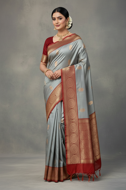 Pure Kanchipuram Silk Saree Gray Colour with Maroon Border
