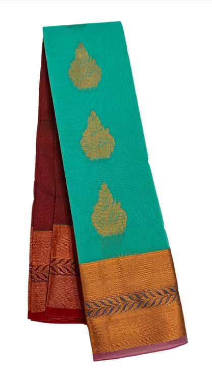 Rama Green Shade Silk Cotton Saree with Copper Zari Border