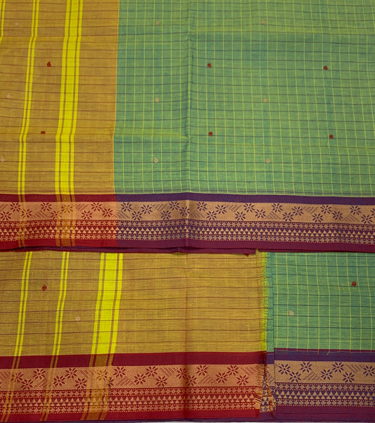 Chettinad Cotton Saree Pista Green Shade with Lavender Border